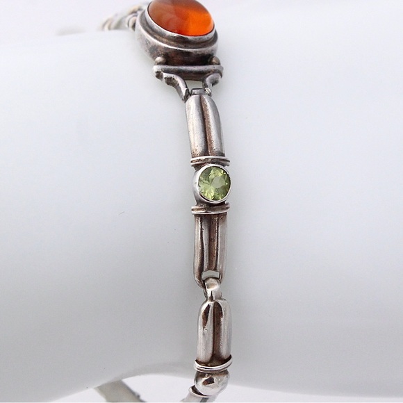Vintage Genuine Amber & Peridot Sterling Silver Link Bracelet - Picture 2 of 6